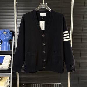 Thom Browne Black Cardigan with Signature White Arm Stripes